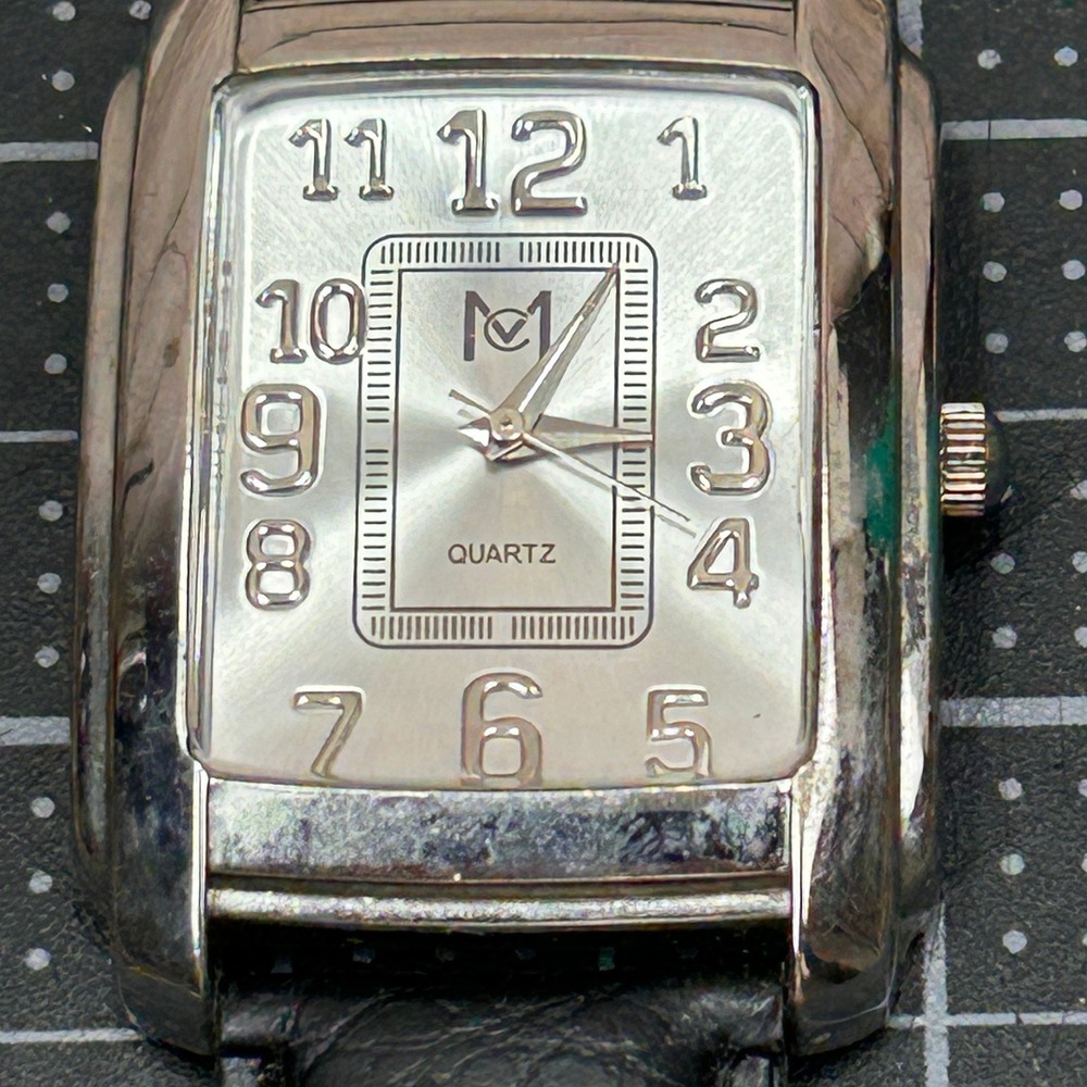MC Rectangular Analog Quartz Watch Silver Dial Black Leather Band New Battery